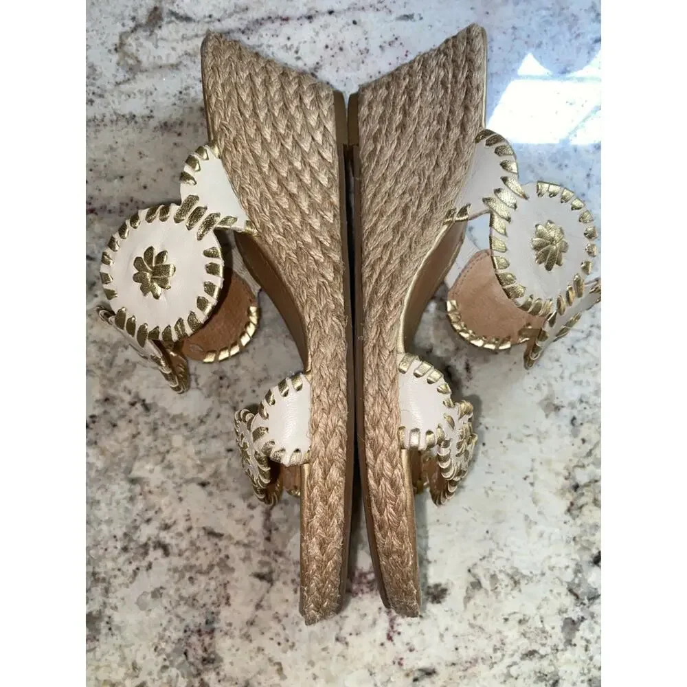 Jack Rogers $160 Shelby Wedge Sandal in Bone & Gold Preppy 7.5 EUC